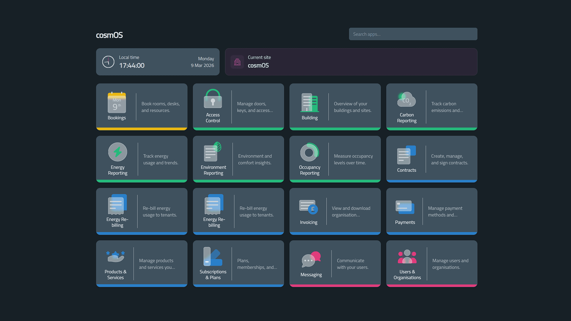 cosmOS platform overview dashboard showing key modules